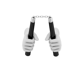 Hand in a white glove holding a nunchaku. 3d render. White backg