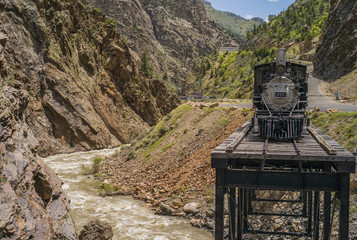 Narrow Gauge Steam Engine 278 sitting on the trestle display at Morrow Point, Curecanti National...