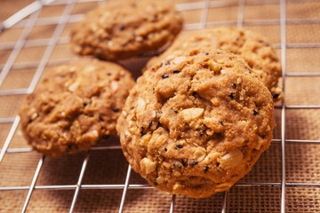Cookies, snack mix, cereals with health benefits.