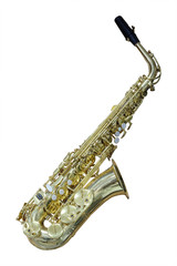 The image of a saxophone isolated under a white background