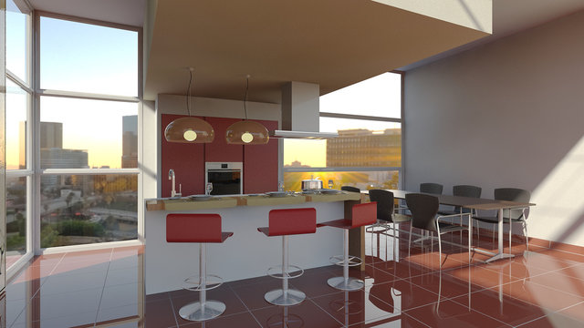 Arredo 3D interno di cucina con ampie finestre