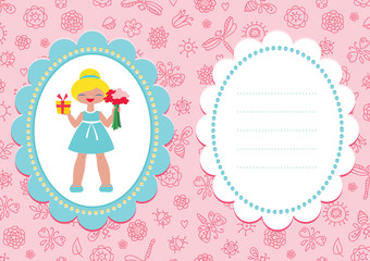 Pink birthday card with cute blond girl in a pretty blue dress