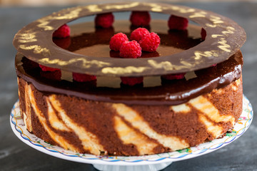 Chocolate cake with raspberries.