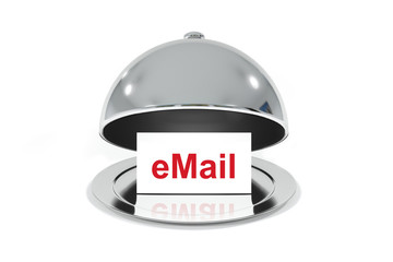 silver cloche with white sign email