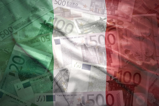 colorful waving italian flag on a euro money background