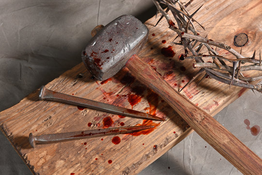 Cross, Nails, Crown of Thorns and Malet