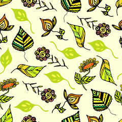 Seamless pattern with abstract flowers and leaves, unusual form, different colors