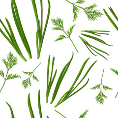 Seamless pattern with green onions and dill