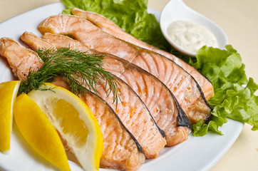 Baked salmon steak with stir-fry veggies. Viewed from above.