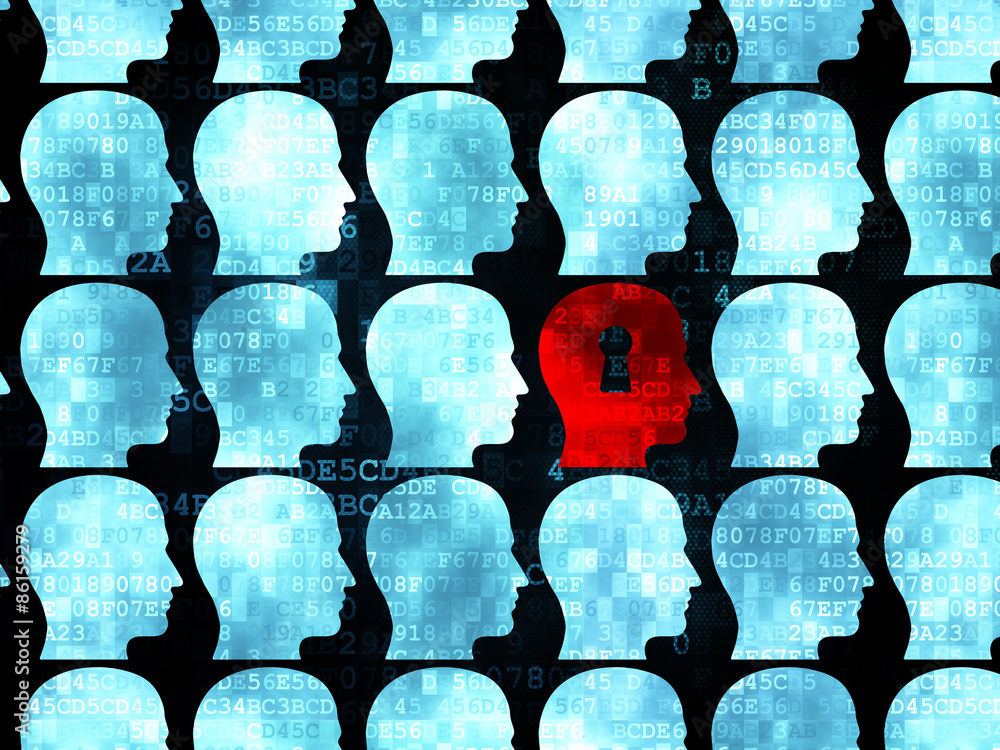 Poster learning concept: head with keyhole icon on digital background