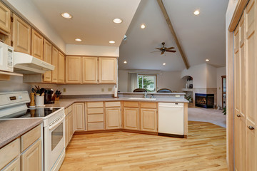 modern kitchen with hardwood floor and lots of space.