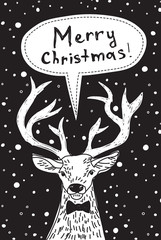 Fototapeta na wymiar Deer black and white snow merry christmas greeting card. 