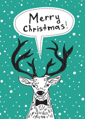 Fototapeta premium Deer color snow merry christmas greeting card. Color vector illustration.