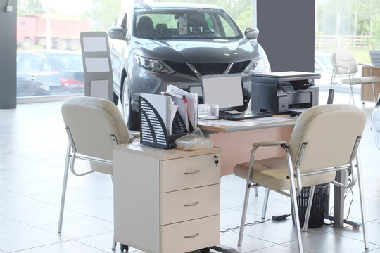 Serpuhov, Russia, June, 2015: Working place of managers in a dealer's car showroom in Serpuhov, Russia