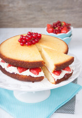 Victoria sponge cake with buttercream frosting, jam and strawber