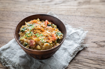 Soup with red lentils and spinach