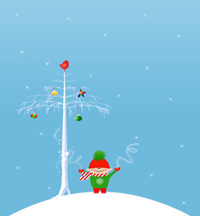 Fototapeta na wymiar Boy Playing in the Snow With Christmas Tree