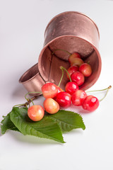 COPPER MUG with white cherries on a white background