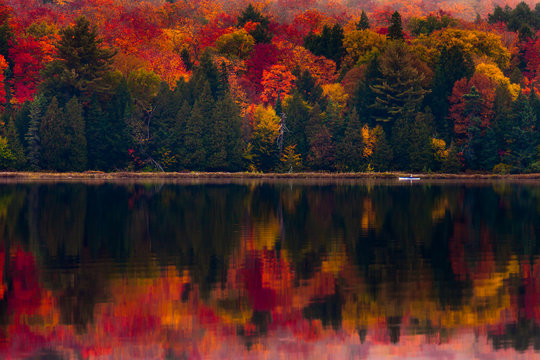Kayaking in the fall foliage reflected on the lake