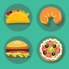 Set of icons fast food pizza croissant burger burrito on a
