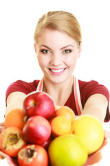 Fototapeta na wymiar housewife or seller offering healthy fruit isolated