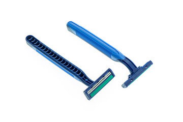 Close up new blue shaver isolated on white