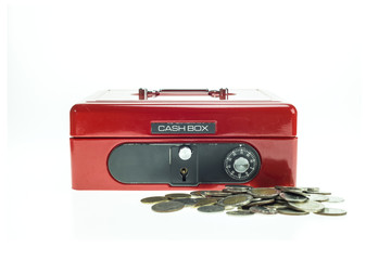 Close up red metal cash box isolated on white