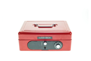 Close up red metal cash box isolated on white