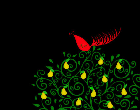 Partridge in a Pear Tree on Black With Room for Text