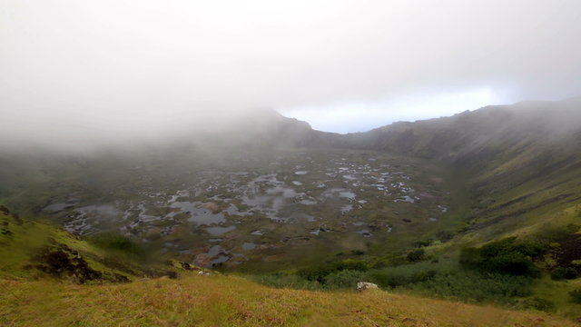 Bad weather in the Rano Kau crater on Easter Island in Chile