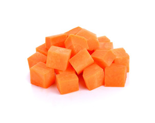 Diced carrots on white background.