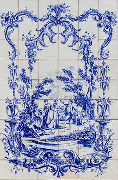 Portuguese traditional hand painted tin-glazed ceramic tilework,