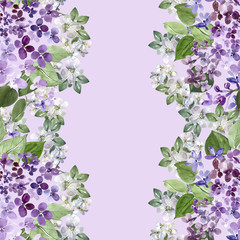 Spring blooming lilac branch and apple blossom pattern