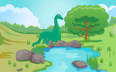 Obraz na płótnie Canvas Apatosaurus eating tree leaves vector image