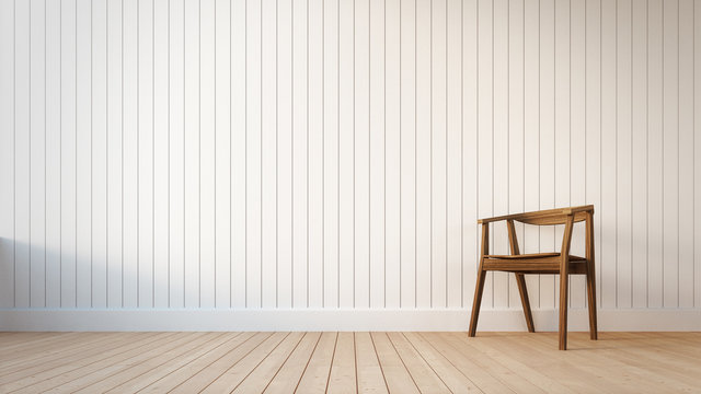 Chair and white wall with vertical stripes  / 3D render image classical composition