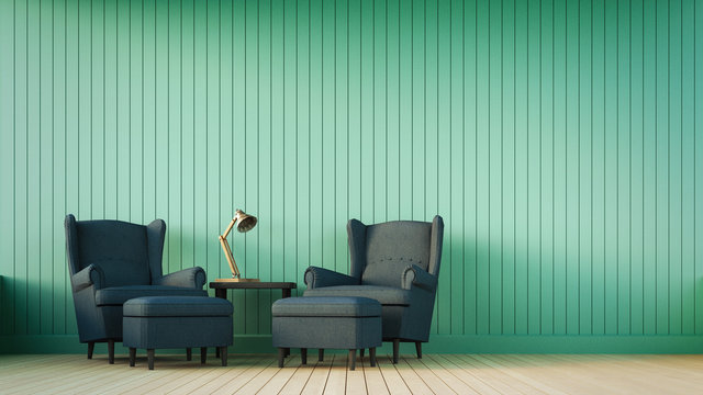 Navy Blue Sofa And Green Wall With Vertical Stripes / 3D Render Image Classical Composition