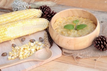 Corn soup of condensed in a wooden bowl