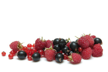 Summer berry isolated on white background. Blackberry, raspberry, red currants.