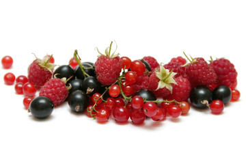 Summer berry isolated on white background. Blackberry, raspberry, red currants.