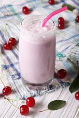milkshake with cherry juice in a glass. vertical top view
