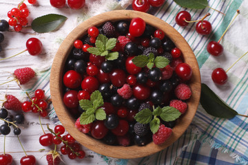 Salad of cherry, raspberry, currant and blackberry horizontal top view
