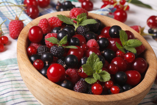 delicious fresh berries in a bowl closeup. horizontal
