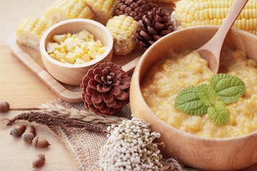 Corn soup of condensed in a wooden bowl