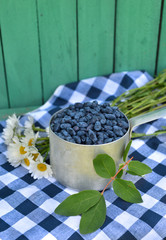 Still life with honeyberry, leaves and daisy flowers
