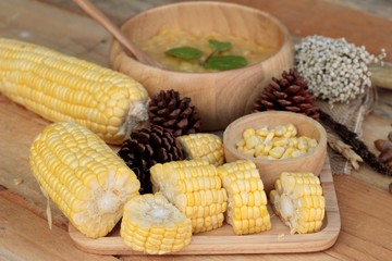 Corn soup of condensed in a wooden bowl