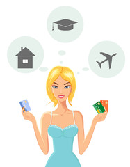 Illustration of cheerful young woman dreaming of house, education and travel while holding credit cards. Financial planning, secure financial future, investment concept