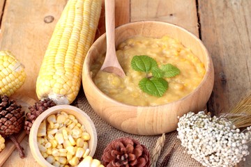 Corn soup of condensed in a wooden bowl