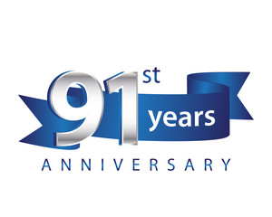 91 Years Anniversary Logo Blue Ribbon - obrazy, fototapety, plakaty