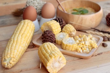 Corn soup of condensed in a wooden bowl
