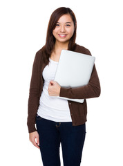 Asian woman holding with laptop computer